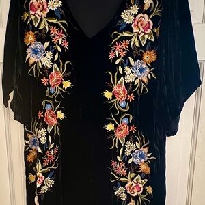 Johnny Was Black Velvet Floral Embroidered Mini Dress